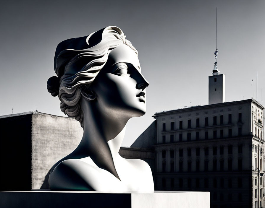 Monochromatic photograph of sleek woman sculpture with urban backdrop