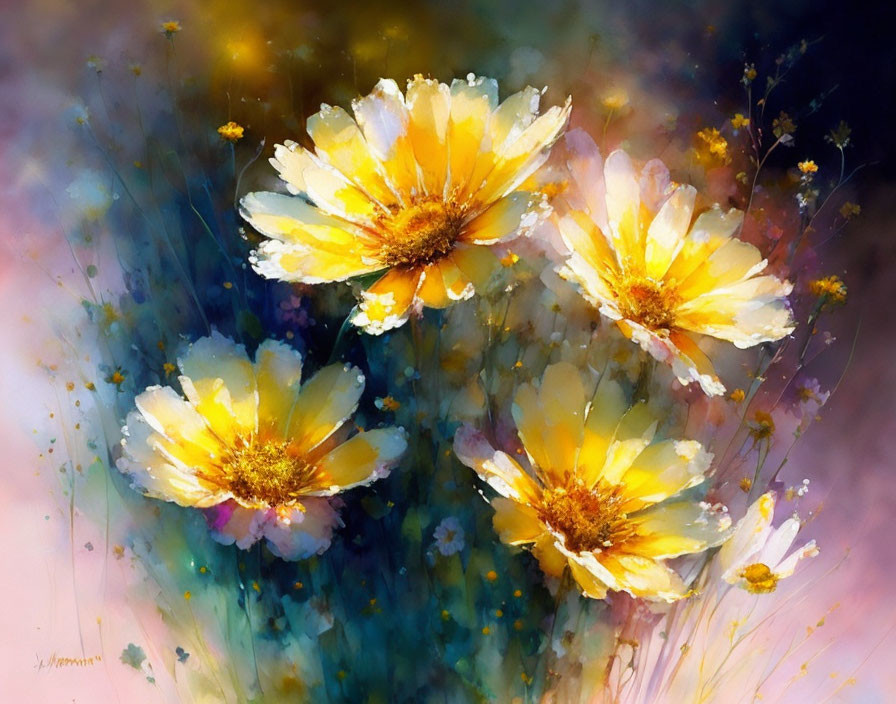 Four Yellow and White Flowers in Vibrant Watercolor Painting