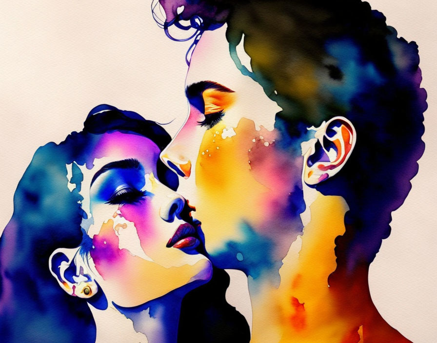 Vibrant watercolor couple profile merge in kiss scene