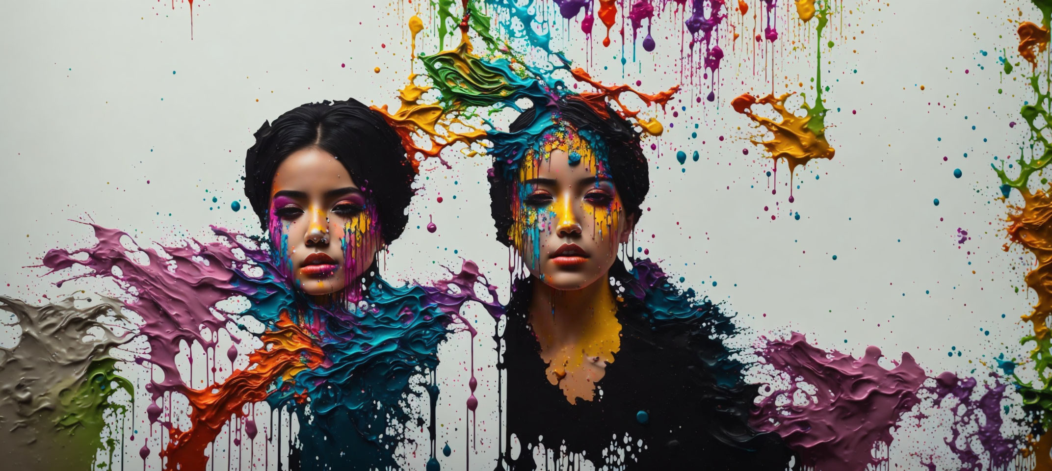 Colorful paint-dripped women against neutral background