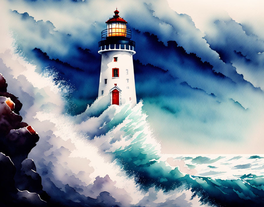 Watercolor illustration: Lighthouse with glowing beacon in turbulent sea waves