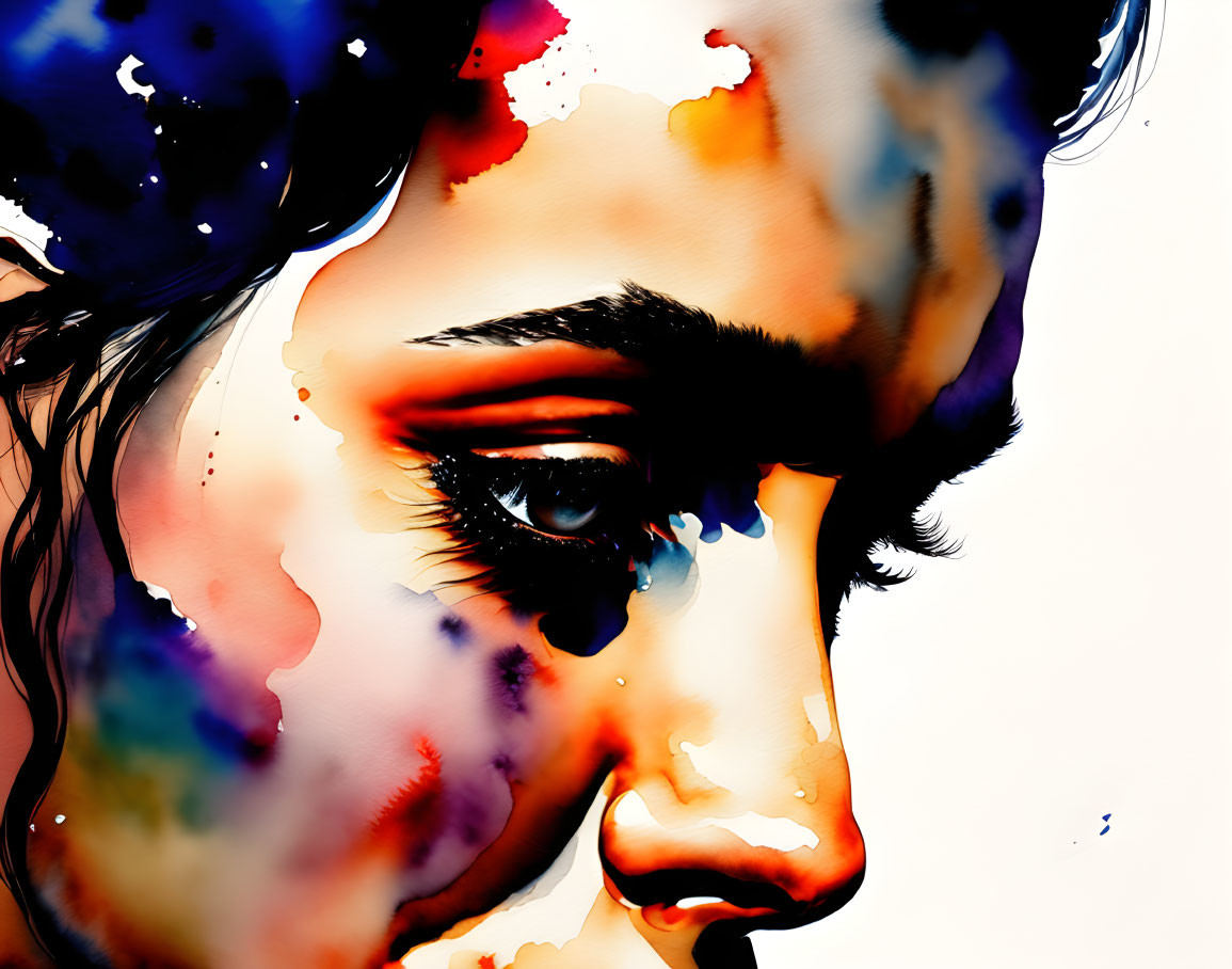 Colorful digital painting: woman's profile with watercolor splashes