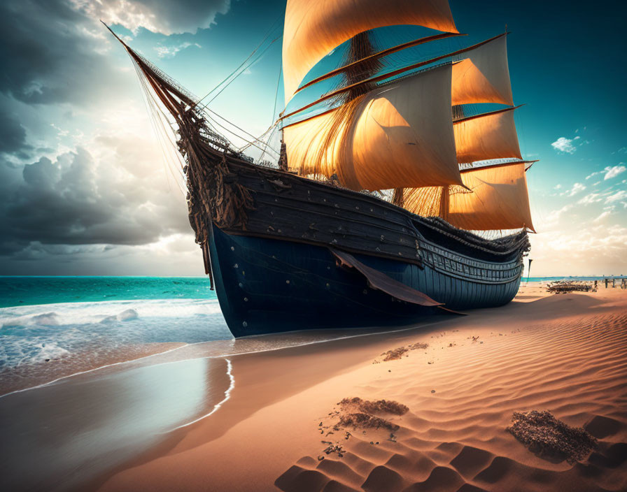 Majestic sailing ship on golden beach under dramatic sky