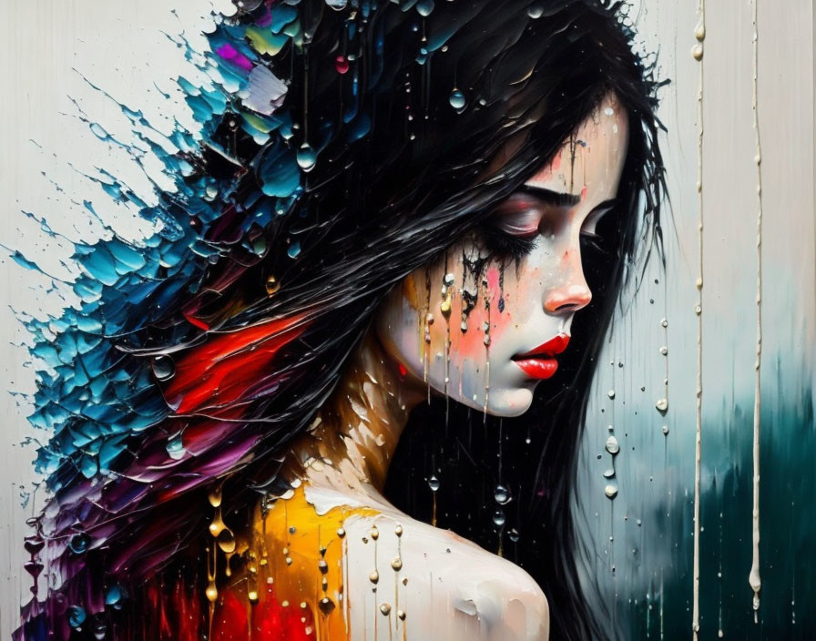 Colorful streaks and droplets on a woman's portrait with a contemplative expression