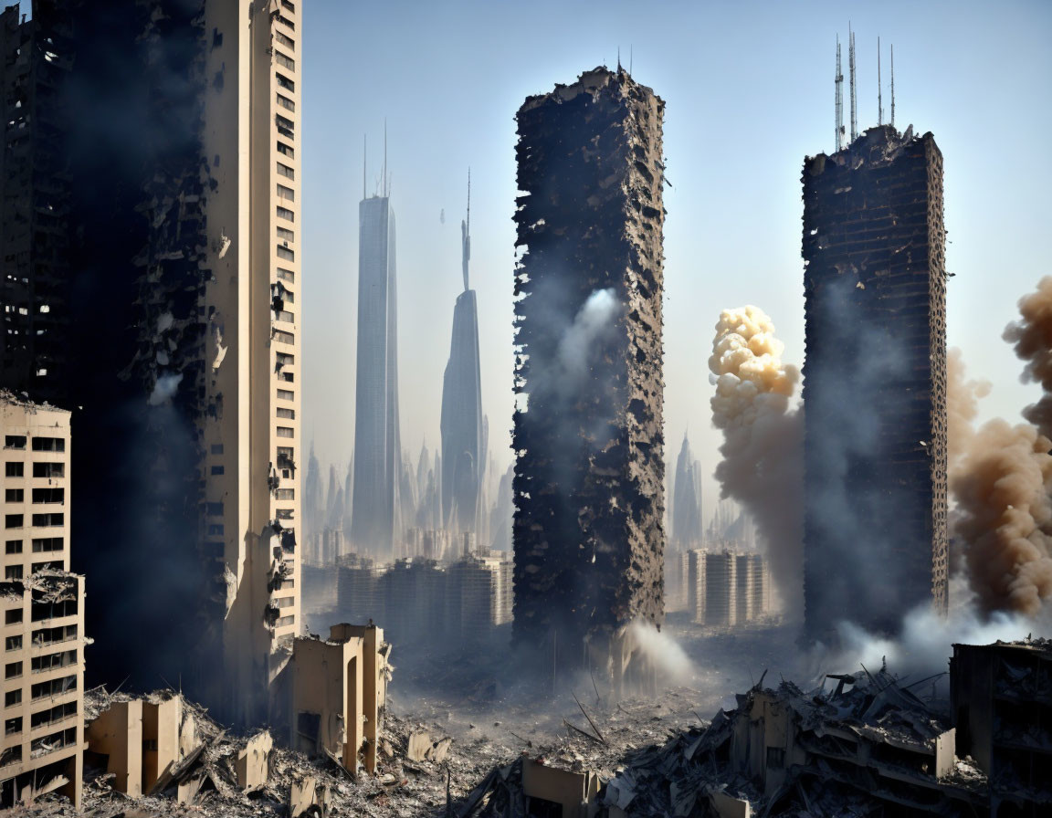 Demolished high-rise buildings with smoke and dust in the cityscape