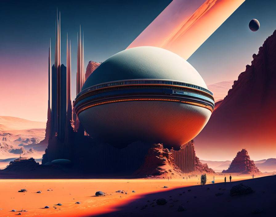 Alien desert planet cityscape with giant sphere building