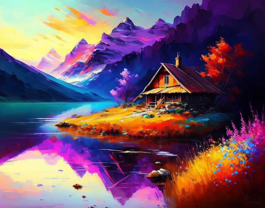 Scenic painting of cozy cabin by lake, vibrant flora, majestic mountains