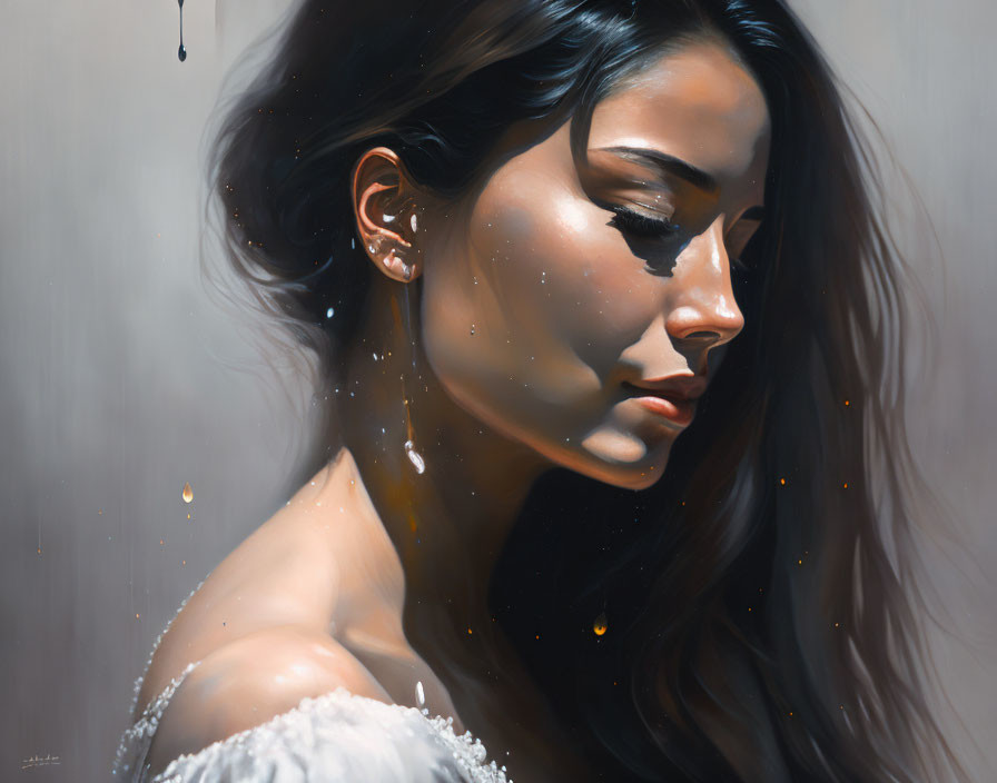 Hyperrealistic painting of woman with dark hair gazing down on muted background