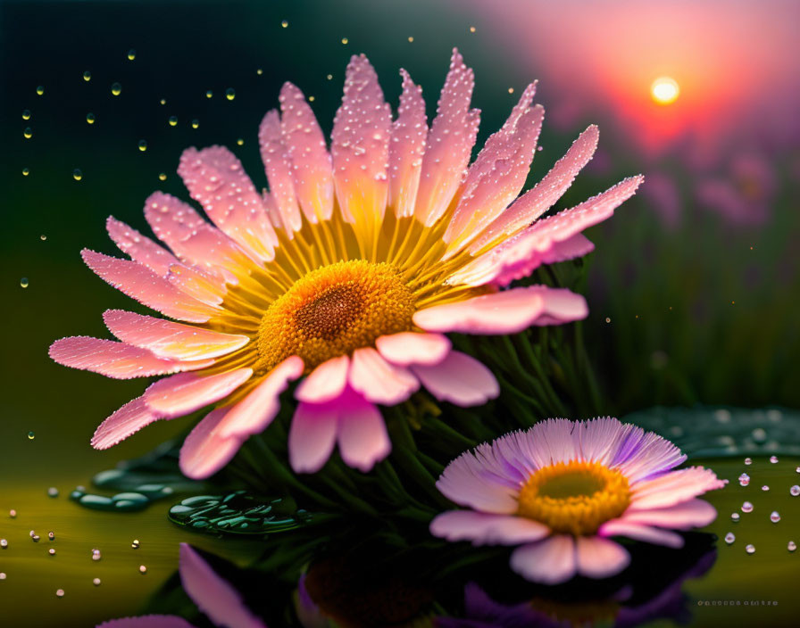 Vibrant pink-tipped daisies in dew drops against greenery and warm sunset