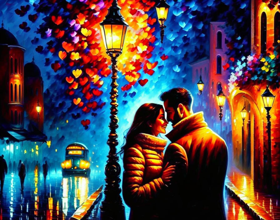 Embracing couple on vibrant, rain-slicked street at night