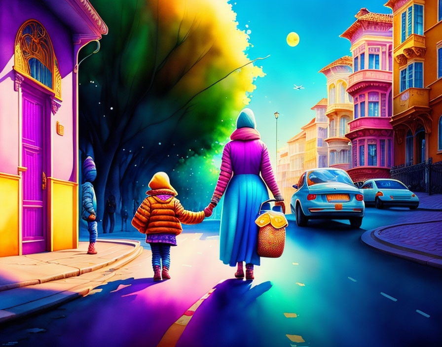 Colorful illustration: Woman and child walking in whimsical street