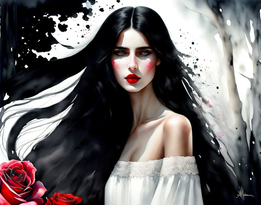 Stylized painting of woman with dark hair and red rose on black and white background