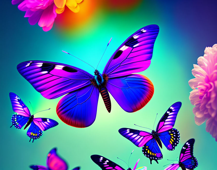 Colorful butterflies with intricate wing patterns in blue and purple fluttering over vibrant blooms on a teal-green