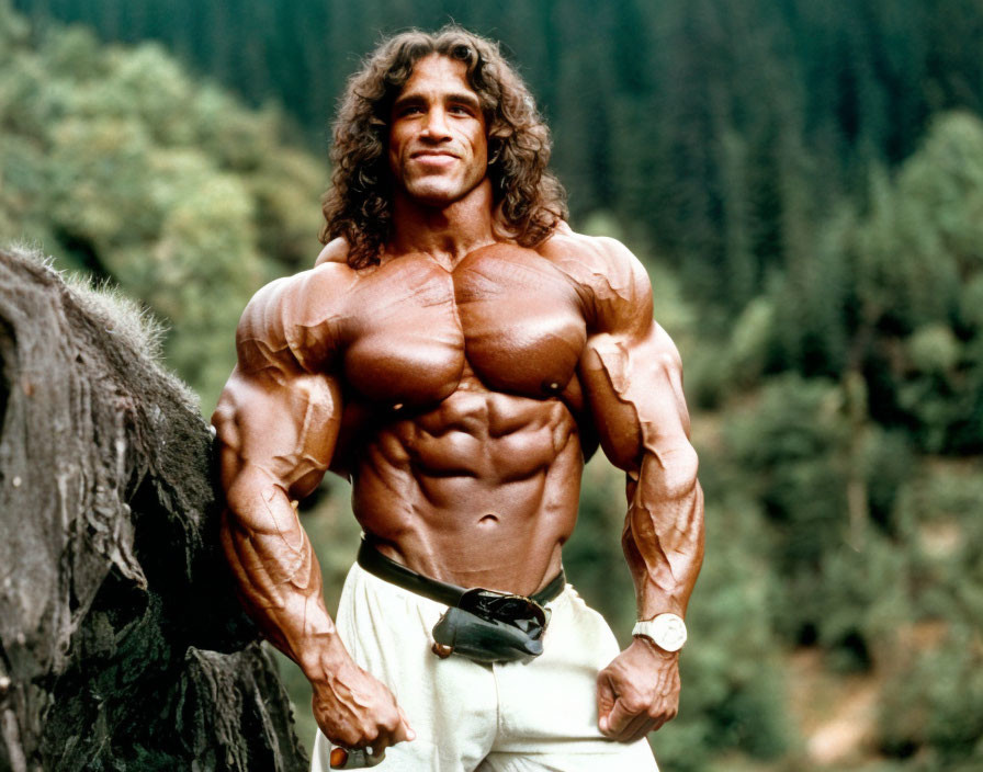 Muscular person with long curly hair showcasing toned physique outdoors