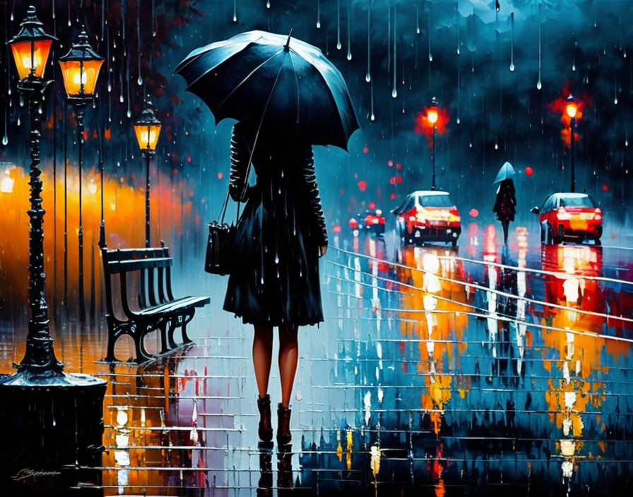 Person with umbrella walks on rainy street with glowing lamps & wet benches