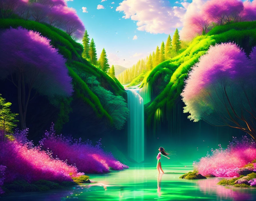 Person in vibrant pink flora forest by serene river