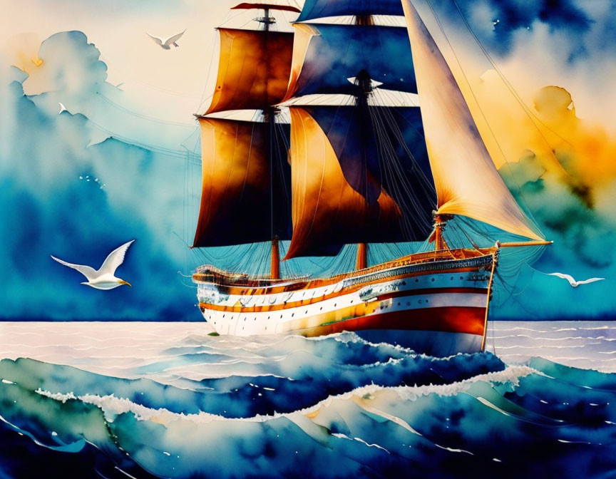 Colorful sunset painting of sailing ship on ocean with seagulls