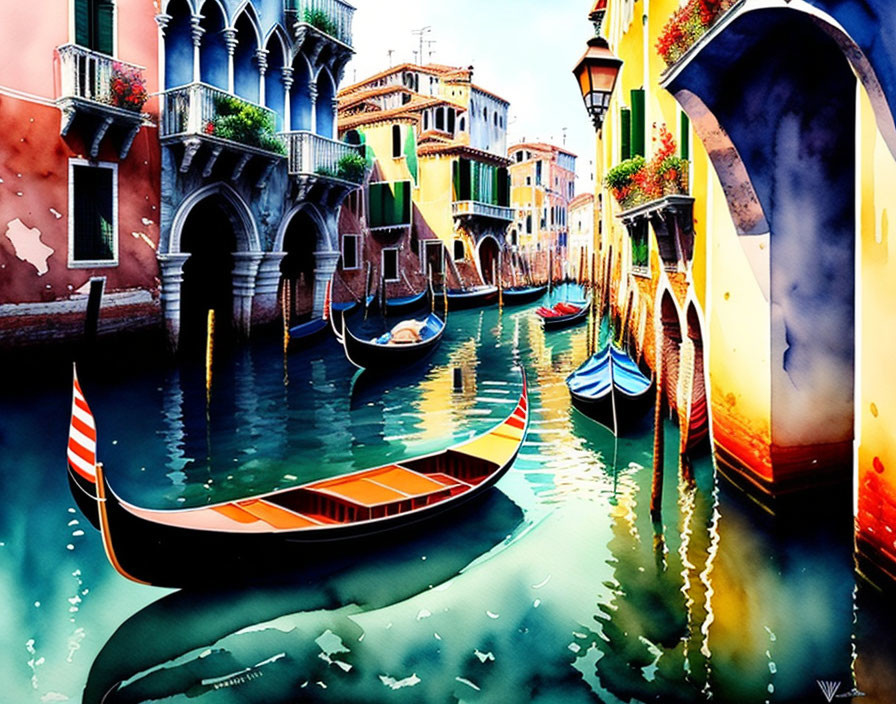 Colorful Venice Canal Painting with Gondolas and Buildings