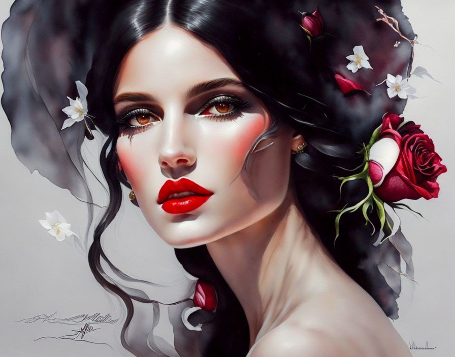 Portrait of woman with dark hair and floral adornments, red lips, and pale skin.