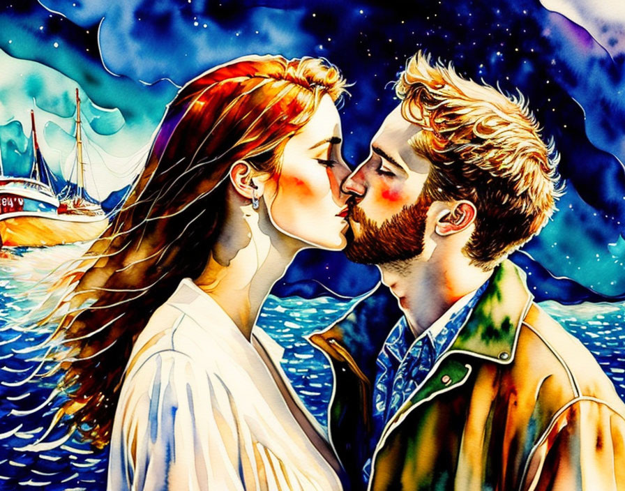 Illustrated couple kissing by starry sea with boat - vivid watercolors