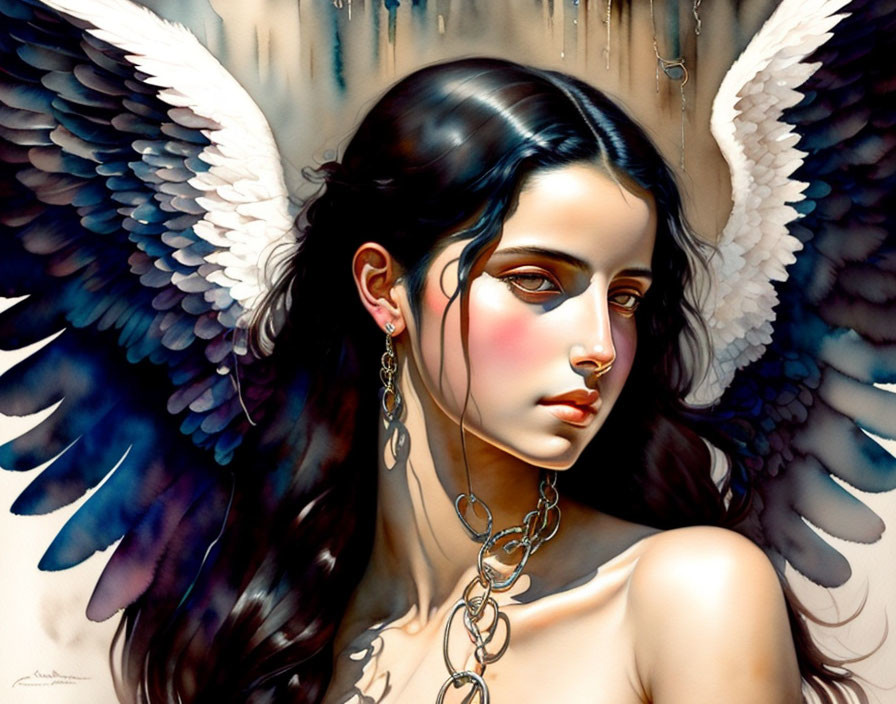 Dark-haired woman with angel wings and chain, contemplative expression