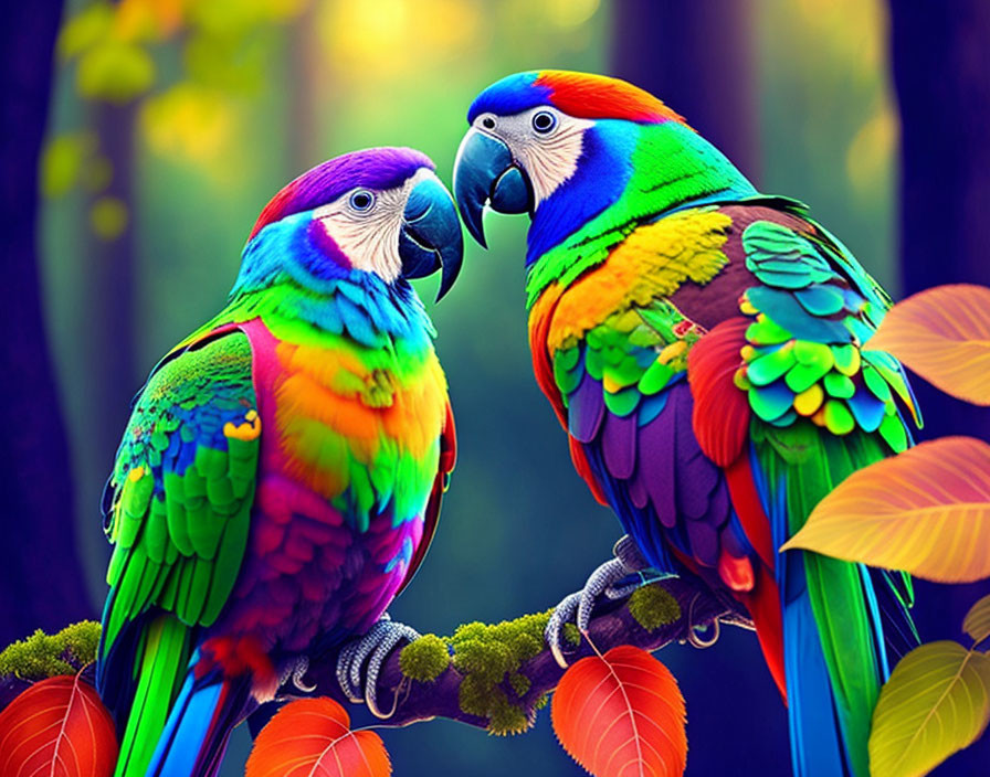 Vibrantly colored macaws perched on a branch in lush forest