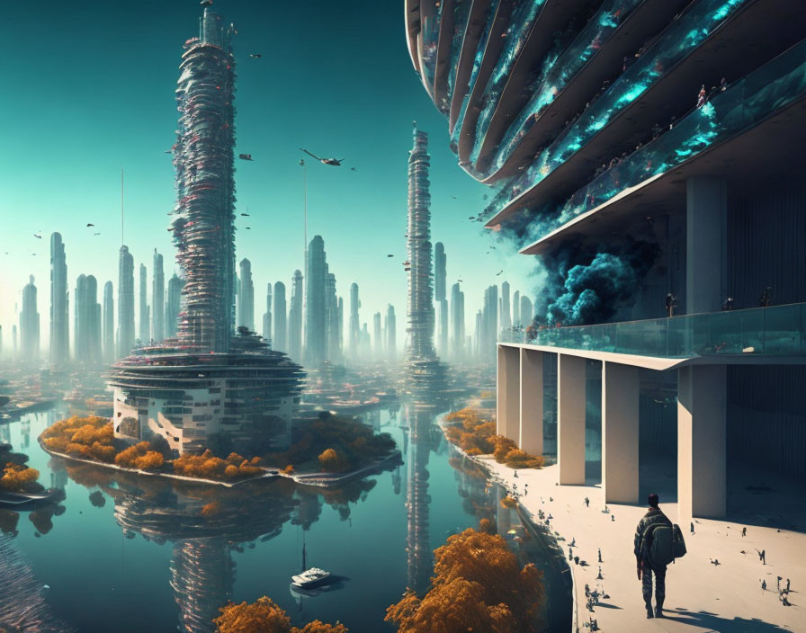 Futuristic cityscape with skyscrapers, flying vehicles, river, and lone figure.