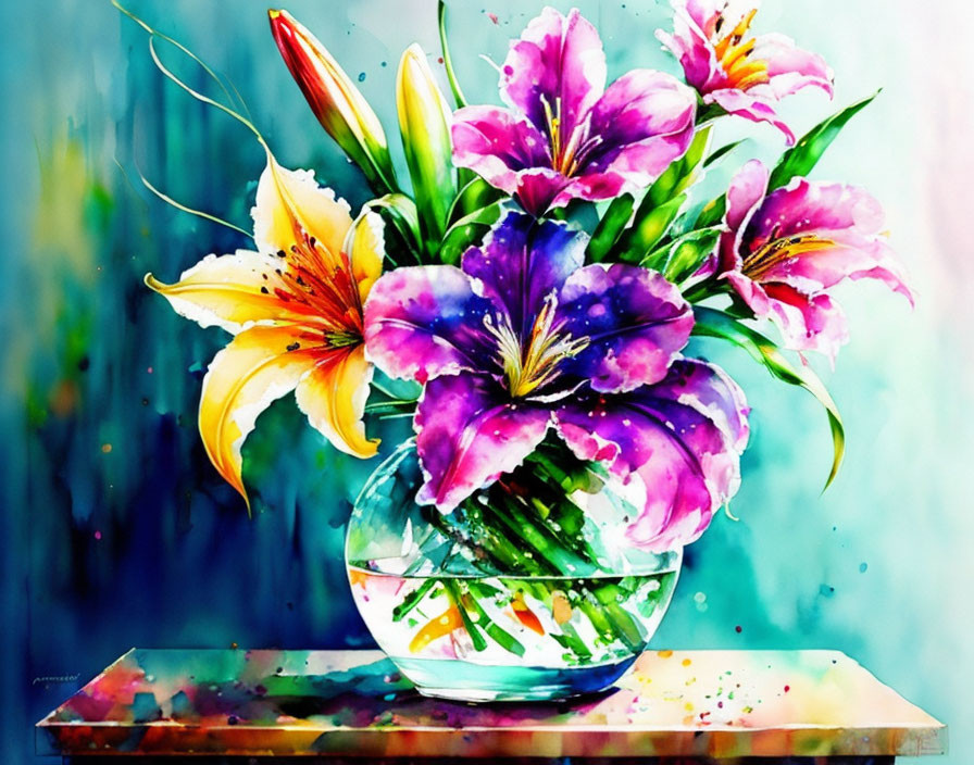 Colorful Watercolor Painting of Lilies in Glass Vase