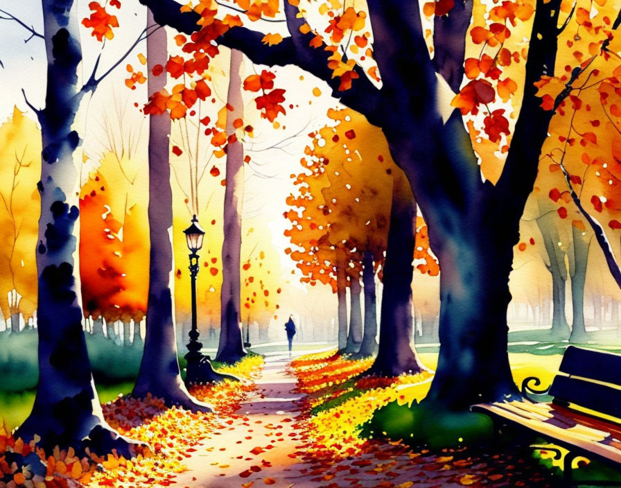 Autumn park watercolor painting with vibrant trees and lone figure