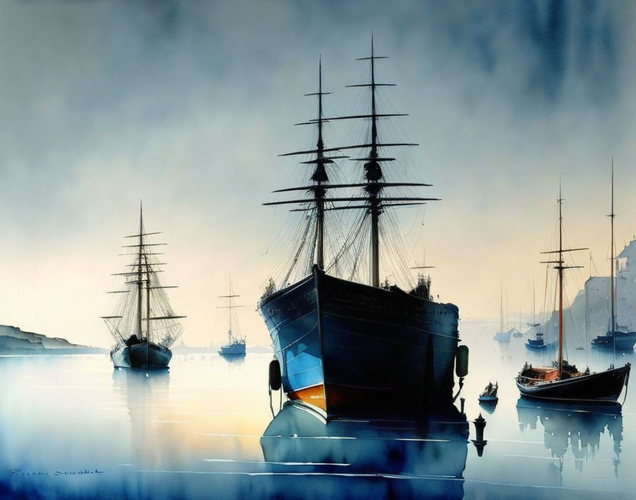 Tranquil watercolor painting of sailing ships in foggy seas