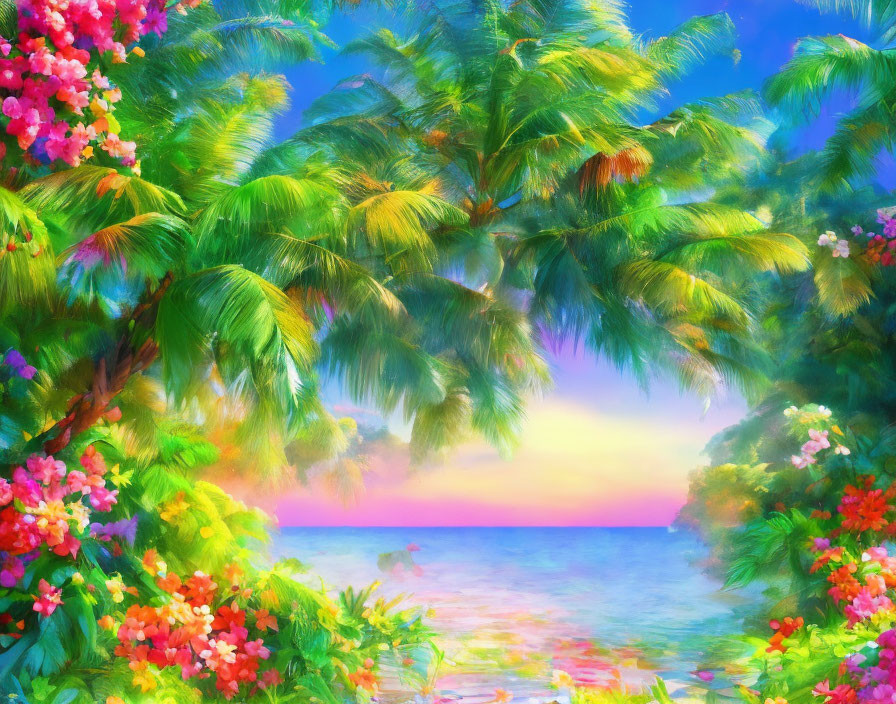 Tropical beach digital artwork with palm trees and sunset sky