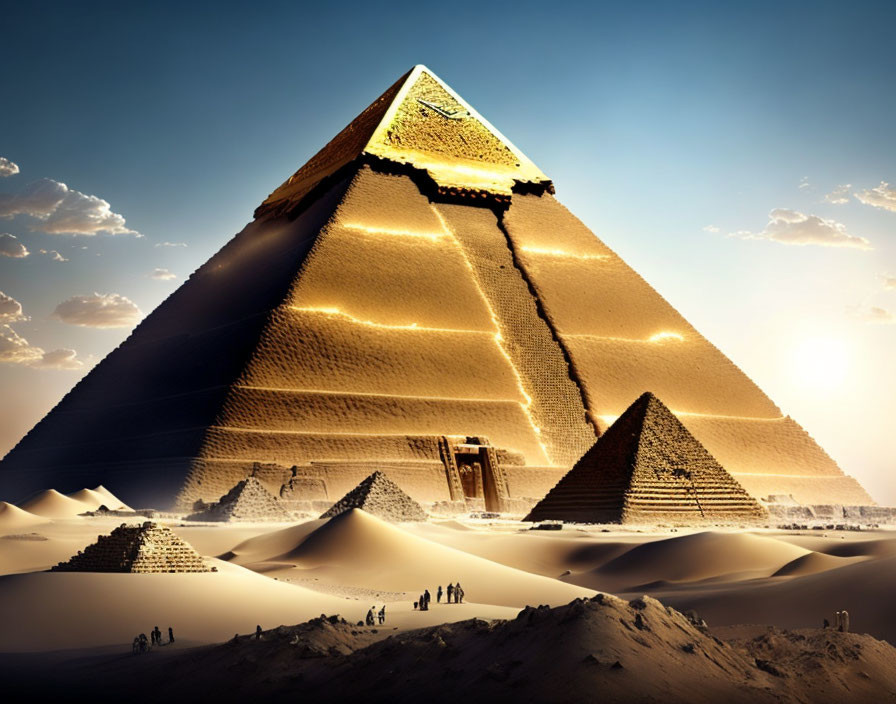 Great Pyramid of Giza with Two Smaller Pyramids in Desert Landscape