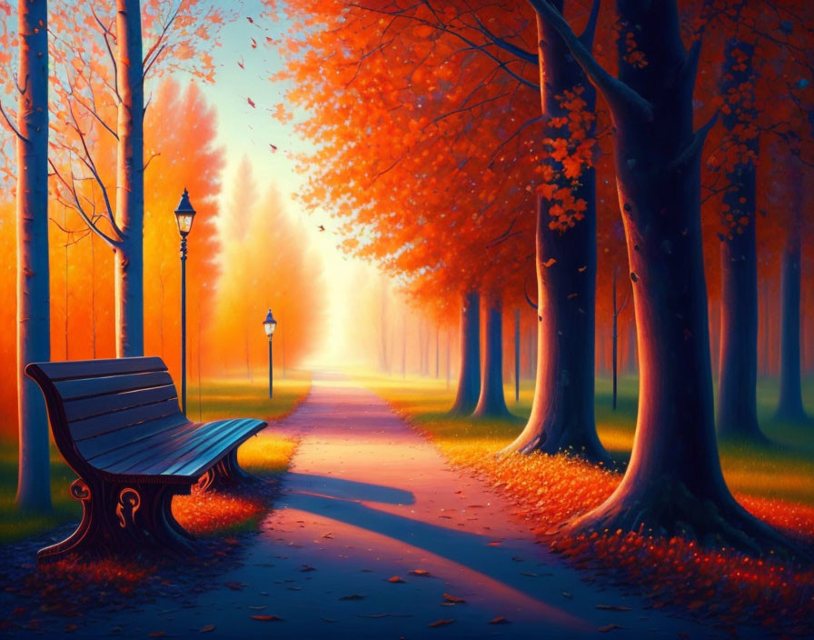 Autumn park scene with bench, lamp post, orange trees, and winding path