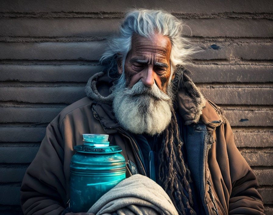 Elderly man with white beard and dreadlocks holding blue jar by wall