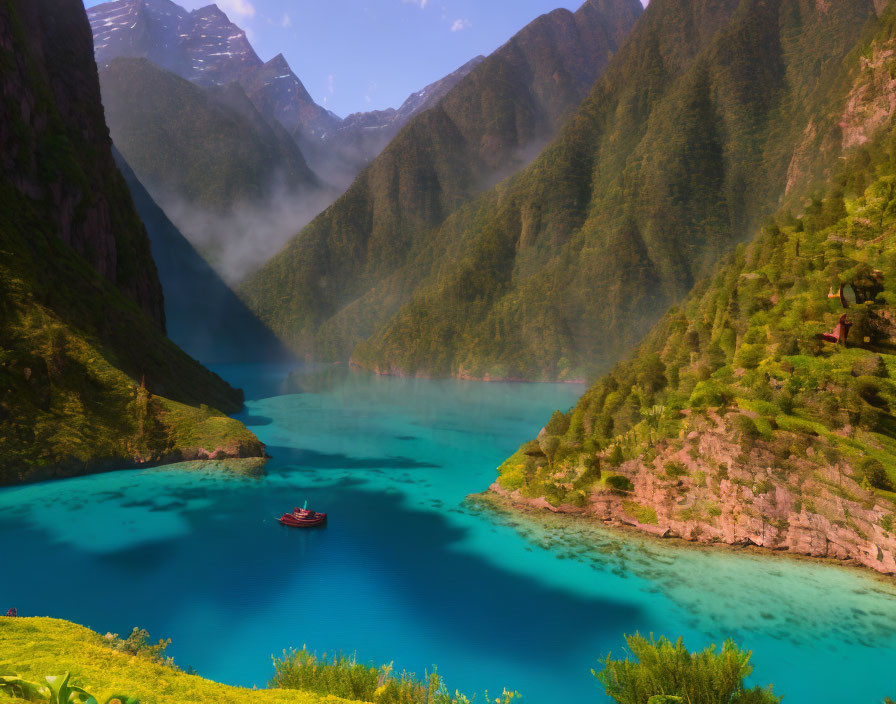 Tranquil mountain lake with turquoise waters, green slopes, mist, and red boat