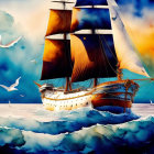 Colorful sunset painting of sailing ship on ocean with seagulls