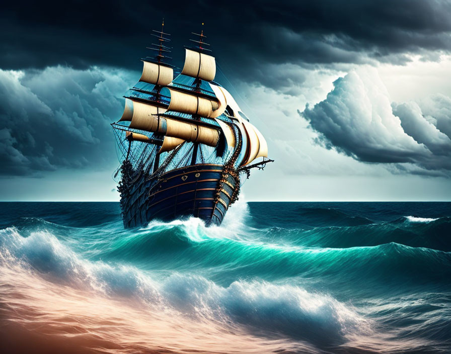 Sailing ship with full sails in turbulent seas under dramatic sky