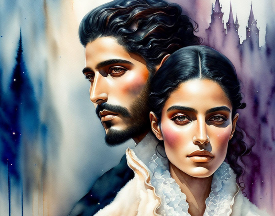 Fantasy illustration: Stylized man and woman portrait with castle backdrop