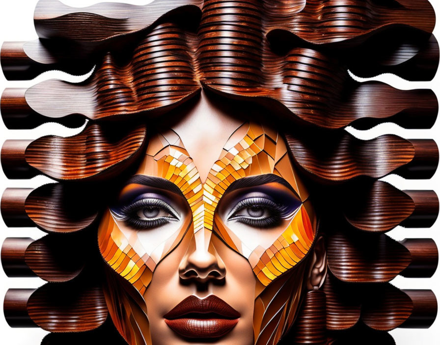 Digitally manipulated image of woman with wavy hair and geometric makeup in orange and purple tones