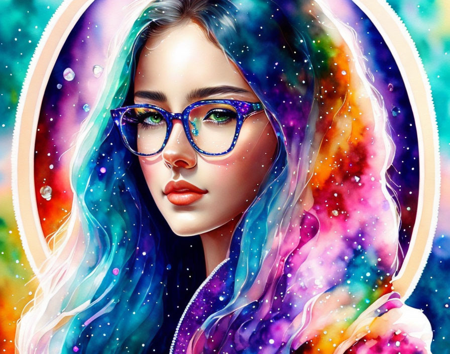 Vibrant digital art: Woman with glasses, cosmic patterns, water droplets, multicolored