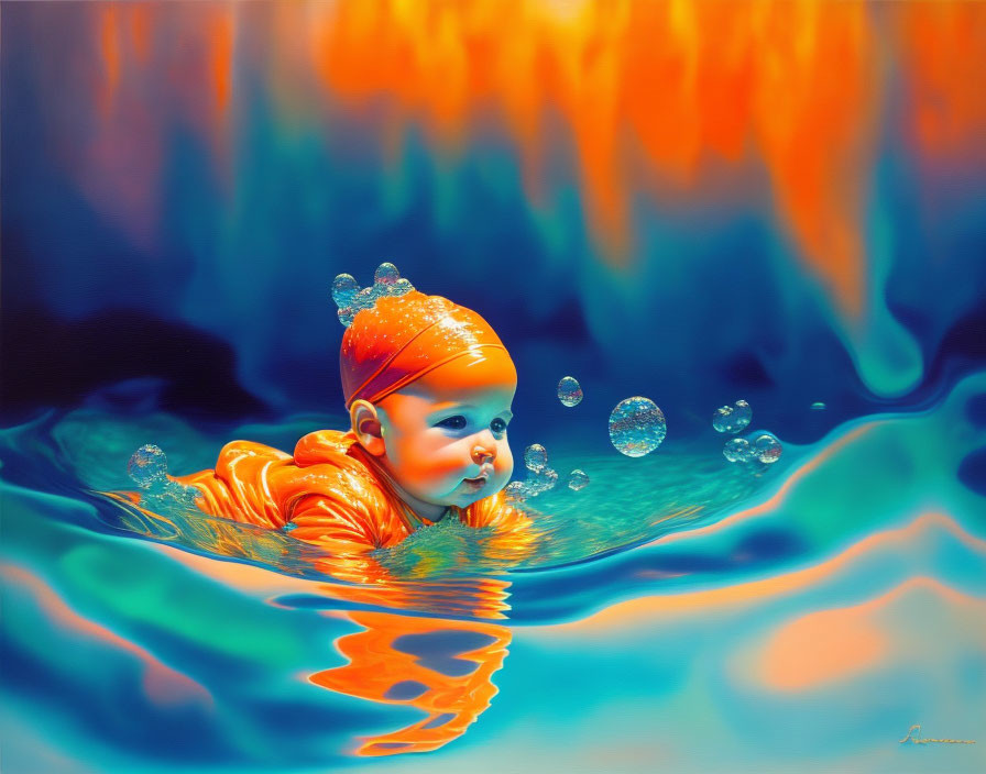 Baby in orange headwrap swimming in vibrant blue water against fiery orange backdrop