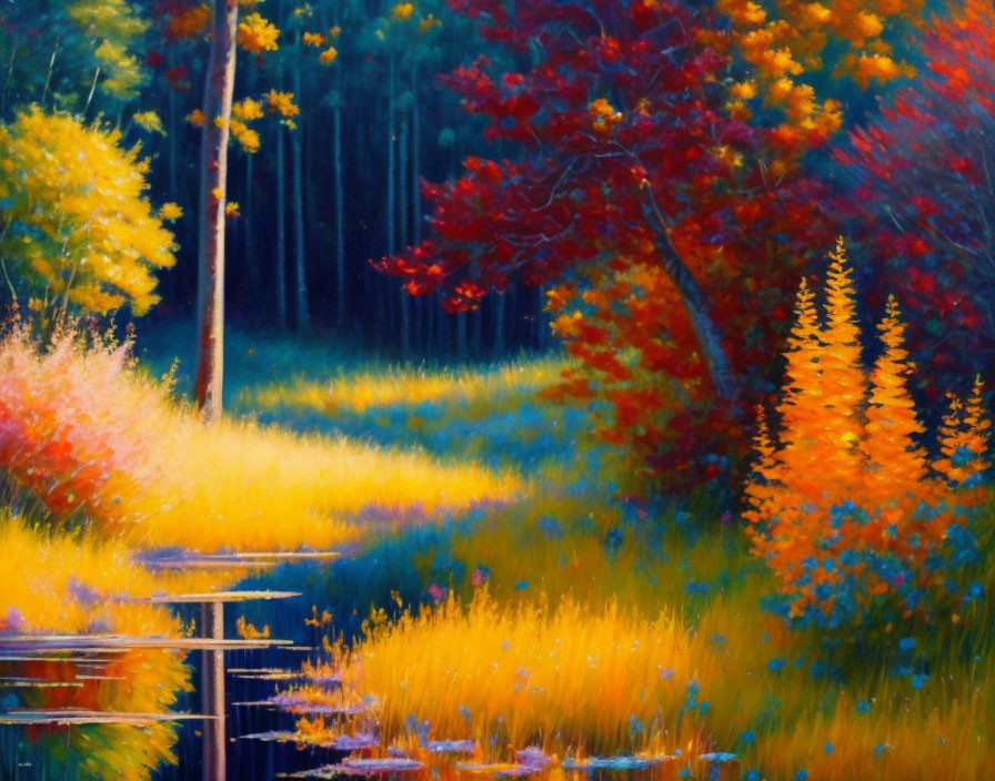 Colorful forest painting with yellow and orange foliage by serene water.