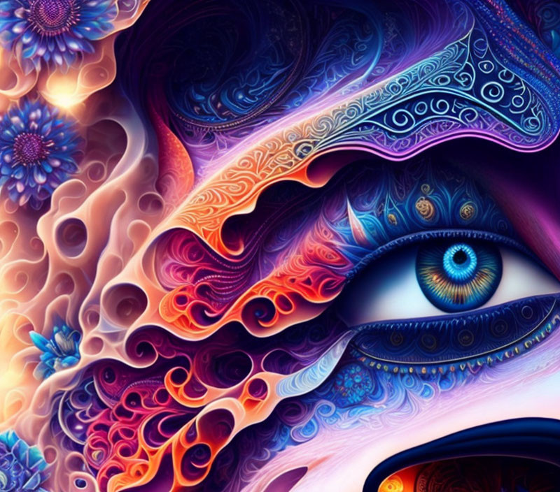 Colorful abstract art with swirling patterns, intricate eye, and floral designs