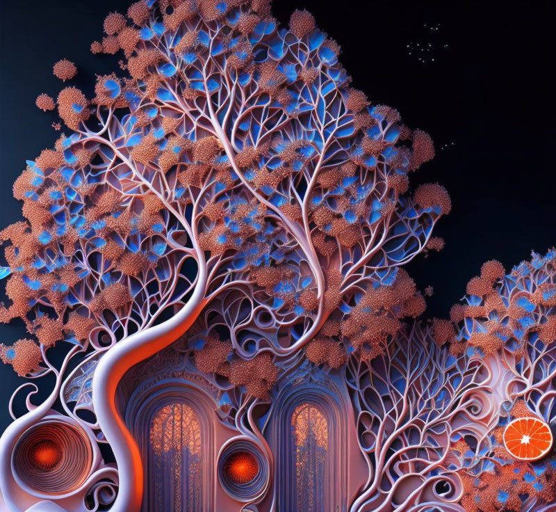 Surreal digital artwork: Intricate tree, coral-like structures, starry sky, swirling patterns