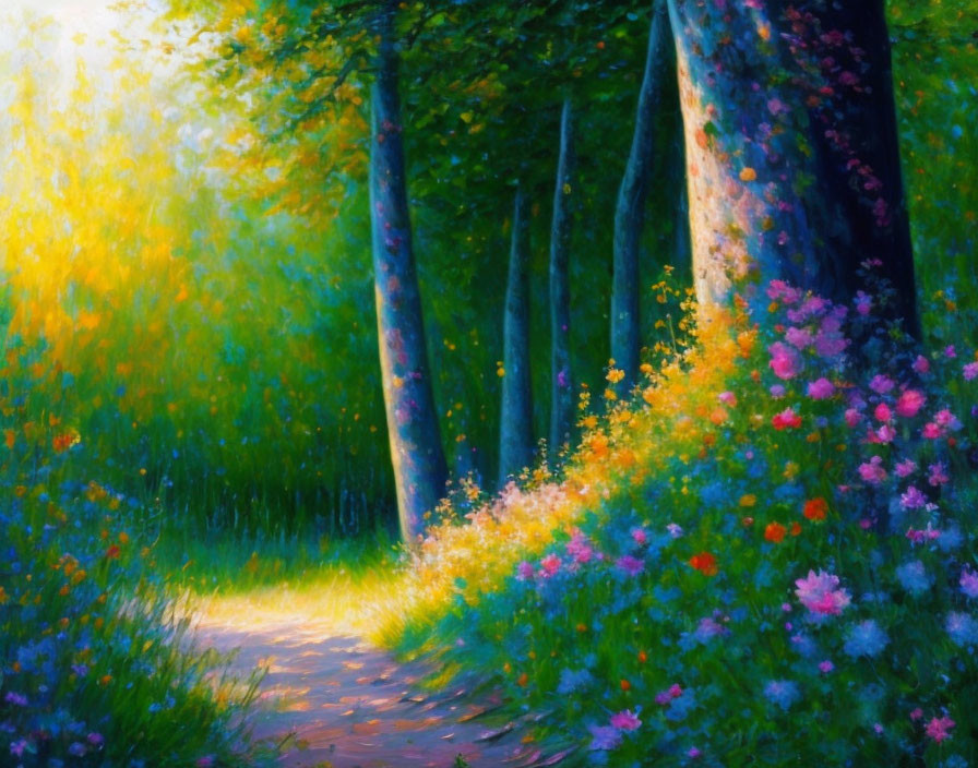 Sunlit forest path painting with green trees and wildflowers