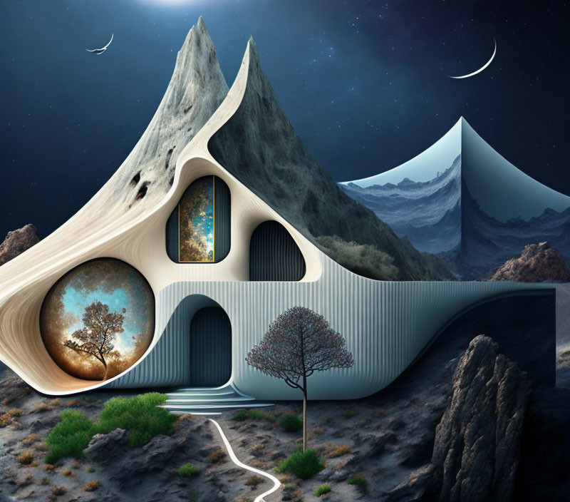 Surreal landscape with modern building, mountains, and crescent moons