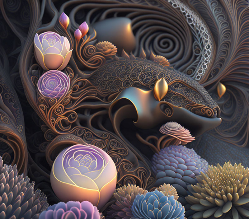 Stylized Floral Patterns in 3D Fractal Art with Purple and Amber Tones