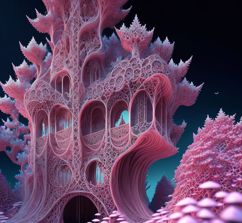 Fractal-inspired surreal landscape with pink coral-like structures and twilight sky.