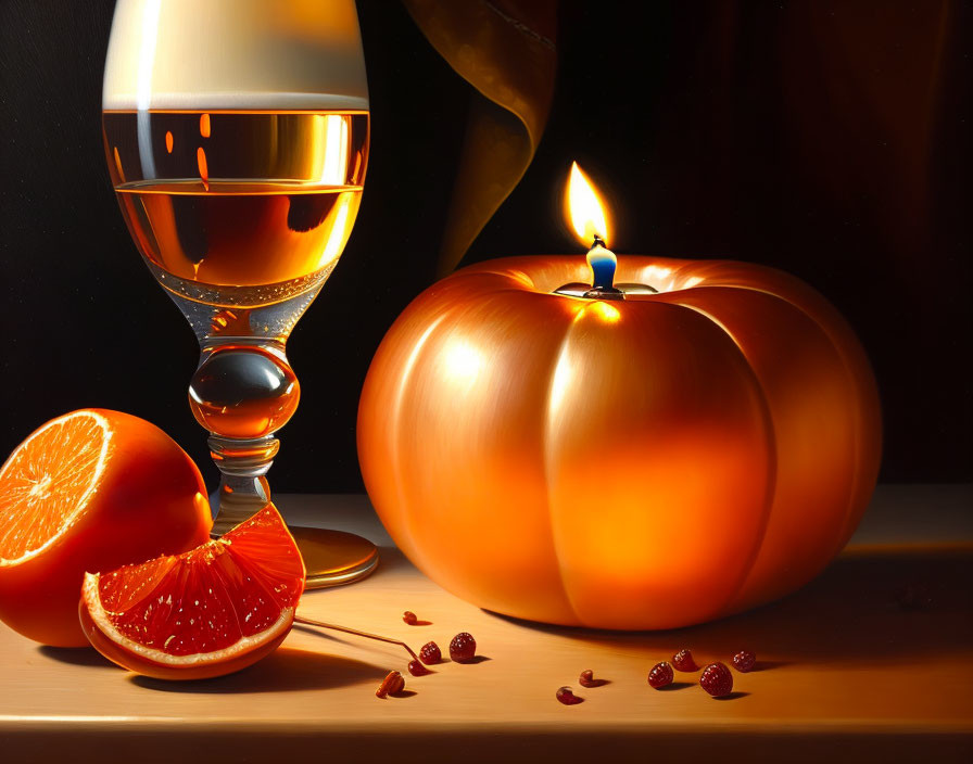 Still life image with lit candle, metallic pumpkin, glass of amber liquid, oranges, and pome