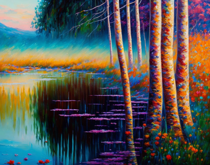 Tranquil lake at sunset with colorful forest and stepping-stone path